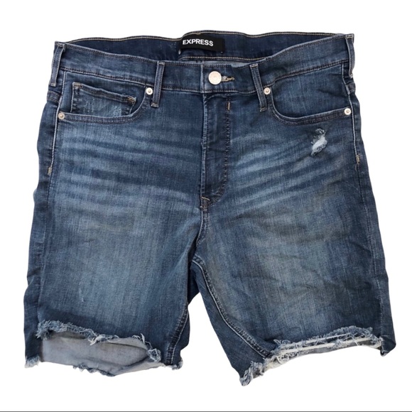 Express Pants - Express High Waist Raw Cut Bermuda Jean Shorts